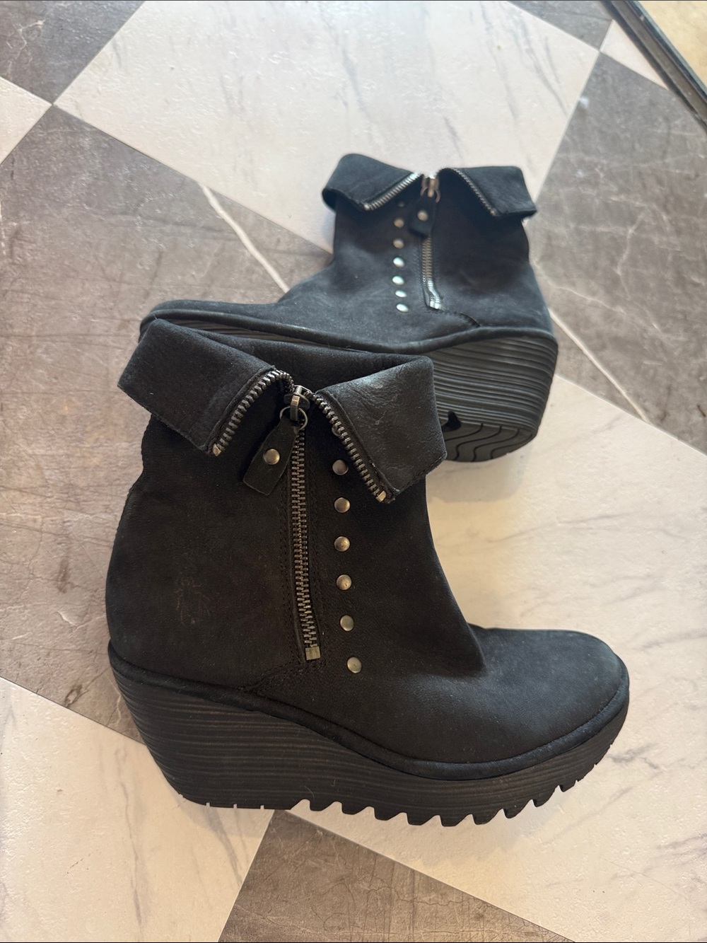 Fly London Black Suede Wedge Ankle Boots with Zip Detail - Women's